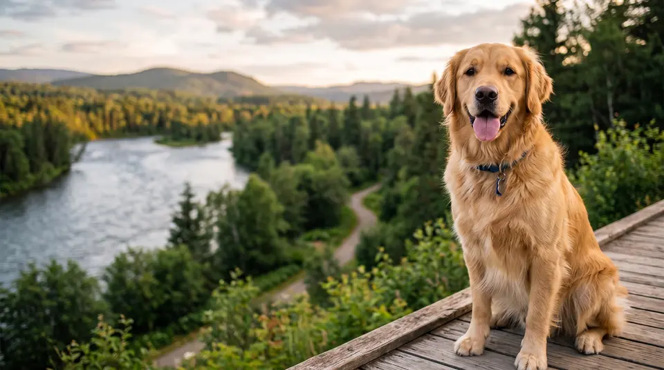 Golden retriever sorridente sentado num deck de madeira, com rio e floresta ao fundo